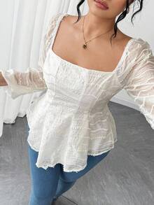 Elenzga Áo cánh tay dài thêu 3D thanh lịch cỡ lớn cho nữ - Màu be - Xem 7