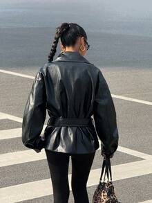 SHEIN EZwear Fall Women's Clothing, Flap Detail Drop Shoulder Cropped PU Leather Jacket, Batwing Sleeves, X-Belt Waist Tie, Casual Button Drop Shoulder Collar, Regular Fit Solid Color Women's Jacket, Suitable For Daily Wear - Black - View 5