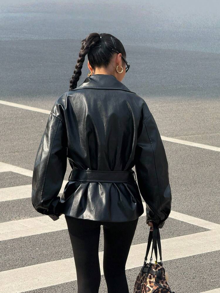 SHEIN EZwear Women's Black PU Leather Jacket,Autumn Casual Punk