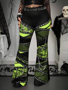 Whyspr 大码朋克数码印花高腰喇叭腿时尚裤 - 綠色 - 查看 6