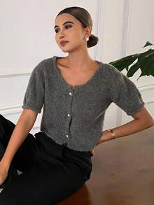 DAZY Women's Solid Color Single-Breasted Short Puff Sleeve Casual Knit Cardigan, Autumn/Winter - Grey - View 7