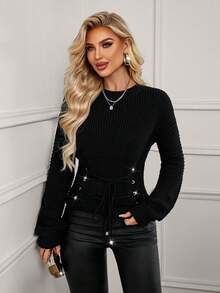 Xyvia Women's Elegant Round Neck High Waist Tie Waist Solid Color Sweater - Black - View 7