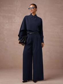 Lumalex 2 件套女式高腰束腰中长连衣裙和长袖西装外套套装秋冬女装 - 藏蓝色 - 查看 7