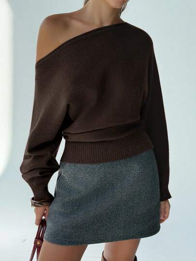 Aloruh New Sexy Bat Wing Sleeve Crew Neck Knit Sweater, Loose Top Tight Bottom Slimming, Versatile Retro Burgundy Pullover In Fall/Winter,Brown Sweater,Brown Top