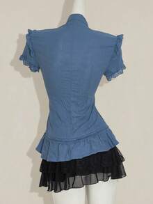 SHEIN ICON Y2k Women's Western Country Concert Boho Dark Blue Beige Goth Summer Casual Lace Trim Blouse