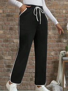 EMERY ROSE Women's Casual Sports Style Drawstring Waist Slant Pocket Contrast Piping Straight Leg Pants