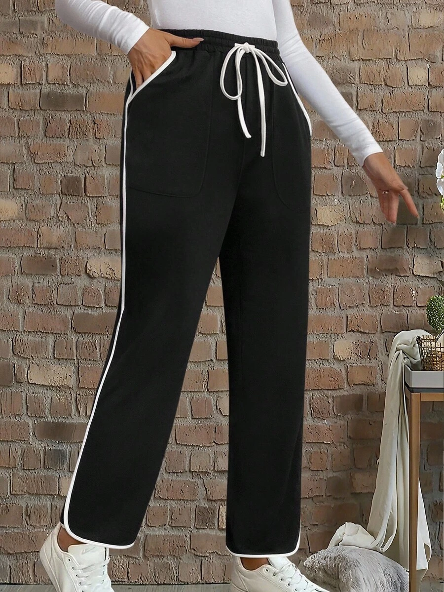 EMERY ROSE Women's Casual Sports Style Drawstring Waist Slant Pocket Contrast Piping Straight Leg Pants