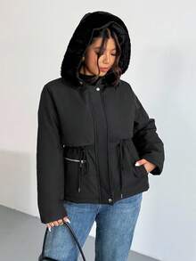 Firerie Manteau long rembourré à col amovible, doublure thermique super épaisse, pour le travail et les sorties, grande taille. Veste en coton à capuche, col en fourrure, manches longues, taille resserrée par cordon, poches en peluche, pour l'automne/l'hiver. - Noir - Voir 5