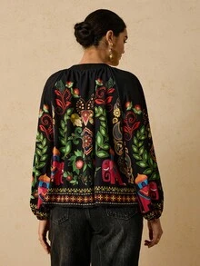 Travachic Plus Size Women's Black Tropical Floral Print Round Neck Long Sleeve Shirt, Button Front Loose Blouse Boho Blouses Peasant Blouse Bohemian Top Lantern Sleeve Blouse Cozy Fall And Winter Clothes For Women Black Tops
