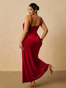 SHEIN VCAY Váy maxi dài chấm đất dệt kim hở lưng màu trơn, chất liệu nhung gợi cảm, thanh lịch, dành cho tiệc Giáng sinh và năm mới cỡ lớn dành cho nữ, mùa thu/đông - Đỏ - Xem 2