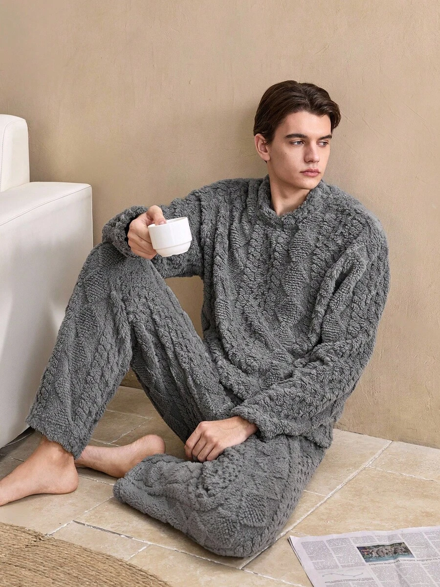 2Pcs Vintage British Style Comfortable Plush Textured Double-Sided Fleece Argyle Pattern Long Sleeve Top And Pants Men's Loungewear Set, Fall/Winter Clothes, Fluffy, Cozy - Dark Grey - View 1