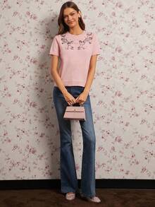 Enchnt Women's Light Pink Summer Elegant Tea Party Short Sleeve Knit Top,Sparkle Rhinestone&3D Sequined Flowers Decor,Sweet Fashionable For Date - Pink - View 4