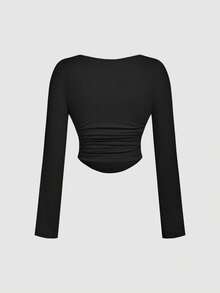 SHEIN MOD 3 Pack Plus Size Women's Square Neck Bodycon Long Sleeve Crop Tops,3pcs Pleated Smart Casual Everyday T-Shirt Set,Autumn Fall Winter ,Black - Multicolor - View 6