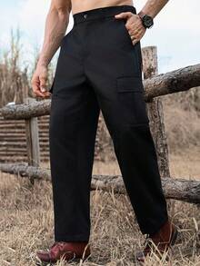 Manfinity Nomadique Men Solid Color Loose Fit Casual Cargo Pants, Fall - Black - View 6