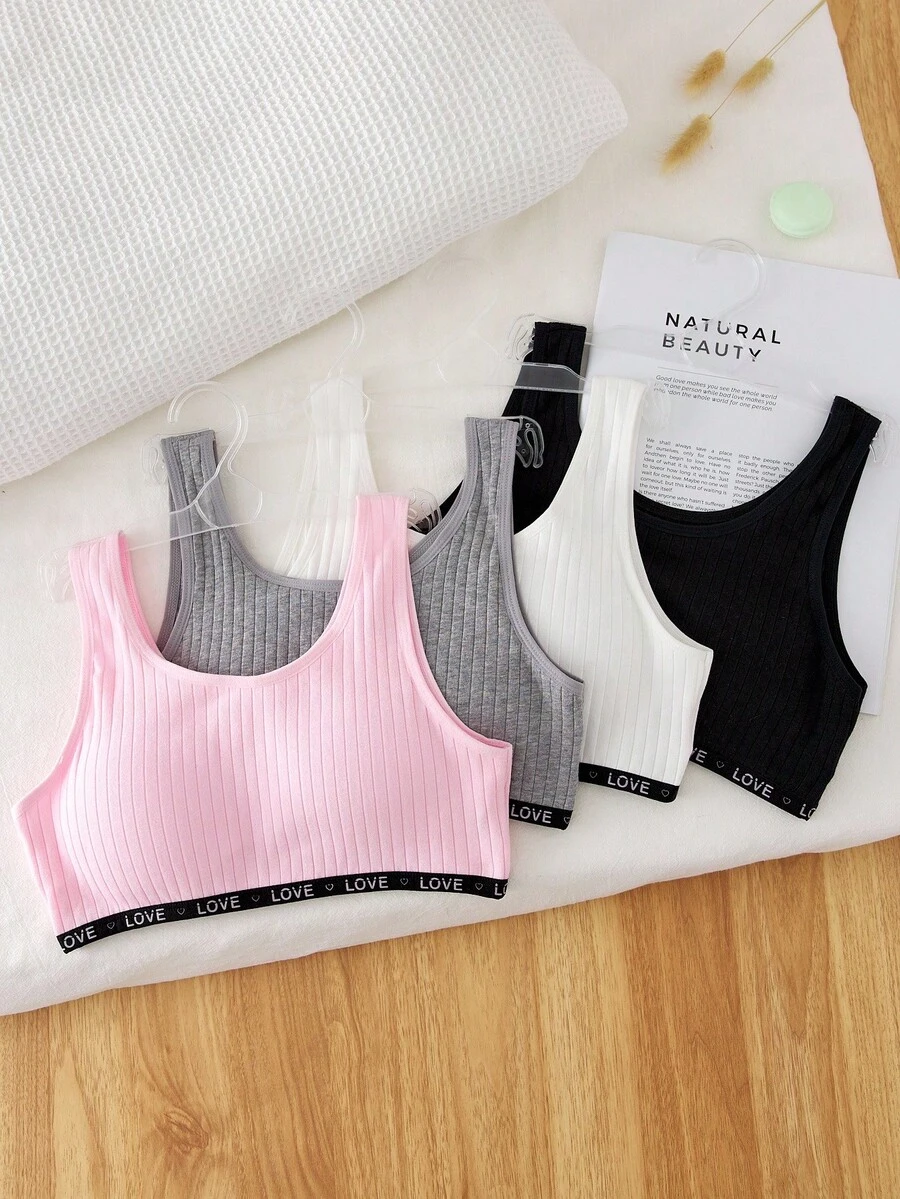 4pcs Bra Anak Perempuan Bergaris Warna Polos dengan Tali LOVE, Manis, Lucu, Dasar, Berbantalan, Bra Olahraga Katun untuk Sekolah, Olahraga, Musim Dingin, Merah Muda, Dapat Dipakai di Luar Rumah - MultiWarna - View 1