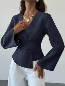 Aloruh New Stylish Commuter Waist Ruched Asymmetric Hem Long Flare Sleeve V-Neck Pullover Blouse - Navy Blue - View 6