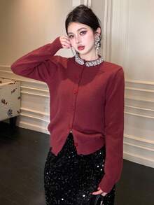 DAZY Women's Elegant Solid Color Rhinestone Embellished Cardigan, Autumn,New Year,Christmas