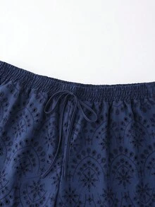 SHEIN LUNE 春夏大码梭织刺绣休闲度假裤 - 藏蓝色 - 查看 3