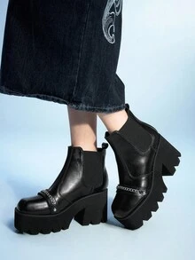 Sugerpunk 哥特风格方头金属链粗跟朋克靴，PU 皮革黑色高跟靴适合派对、日常穿着、晚礼服，增高修腿 - 黑色 - 查看 4