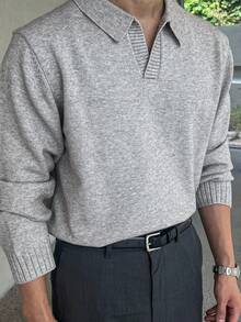 DAZY Men's Solid Color Polo Neck Sweater, Light Gray, Autumn Buisness Attire