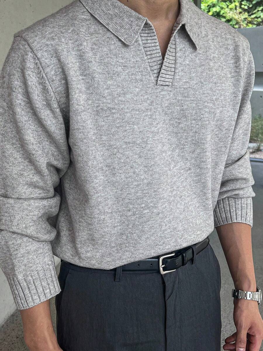 DAZY Men's Solid Color Polo Neck Sweater, Light Gray, Autumn Buisness Attire