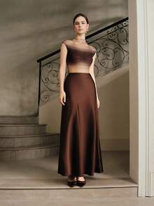 Anewsta 渐变半透明弹力修身短袖上衣，适合秋季、冬季、新年穿着，优雅、别致、时尚，圣诞节、外出皆宜 - 咖啡棕 - 查看 6