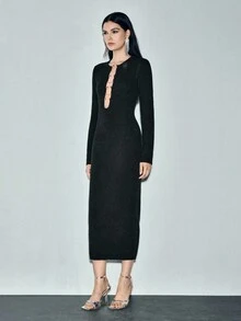 Lumivelle Rochie elegantă pentru femei, cu decor circular, scobită în scobitură, model pulover - Negru - Vizualizare 5