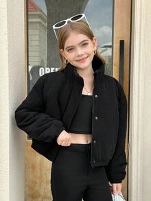 SHEIN Quần áo bé gái tuổi teen, Áo khoác nhung chần bông có khóa kéo, Thích hợp cho bé gái tuổi teen mặc thường ngày, Trở lại trường, Lễ khai giảng, Trang phục hàng ngày, Đi học, Du lịch, Thể thao, Mùa đông, Giáng sinh - màu đen - Xem 6