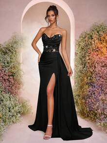 Glamrae Đầm dạ hội màu xanh lá cây sang trọng bằng satin, không dây vai, cổ khoét sâu, chất liệu lưới xuyên thấu, họa tiết xương cá, hoa 3D, kiểu đuôi cá, xẻ cao bên hông, xếp ly, dây buộc điều chỉnh được, thích hợp cho các buổi hẹn hò, kỳ nghỉ, sinh nhật, tiệc tùng, dạ hội, đám cưới, sự kiện trang trọng, Ngày Valentine. - màu đen - Xem 6