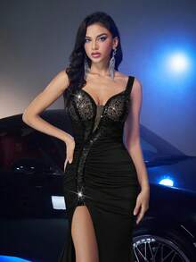 Glamrae Bộ đồ bơi dệt kim co giãn đính cườm hoa sang trọng thanh lịch với chân váy đuôi cá xẻ tà gợi cảm, thích hợp cho đám cưới, tiệc tùng, kỳ nghỉ, dạ hội, váy dạ hội (chịu lực) - màu đen - Xem 5