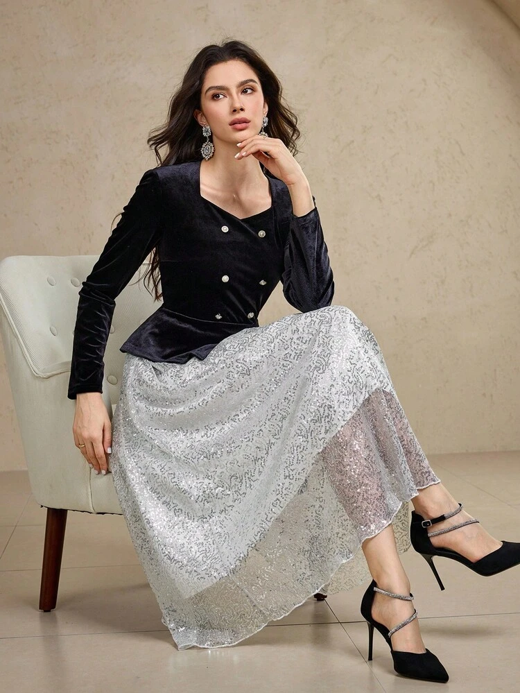 Women's Elegant Commuter Colorblock Sequin Midi Dress