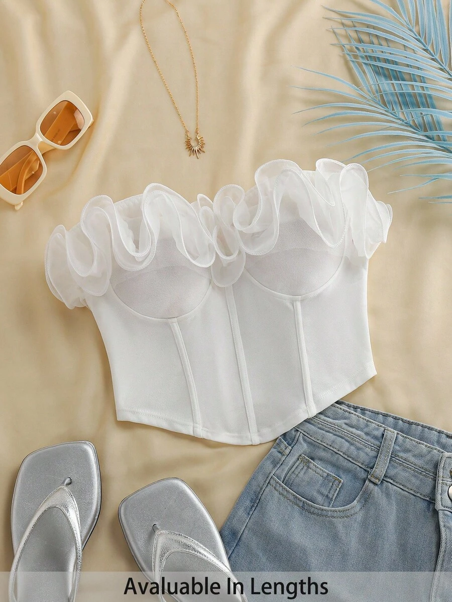 SHEIN Tall CURVE Áo Bandeau lưới chắp vá màu trơn cỡ lớn cho nữ - trắng - Xem 1