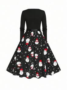 EMERY ROSE Große Größen Festliches Party Kleid mit quadratischem Ausschnitt, Langarm, geraffter Taille und Schneemann Muster für Damen - Schwarz - Übersicht 2