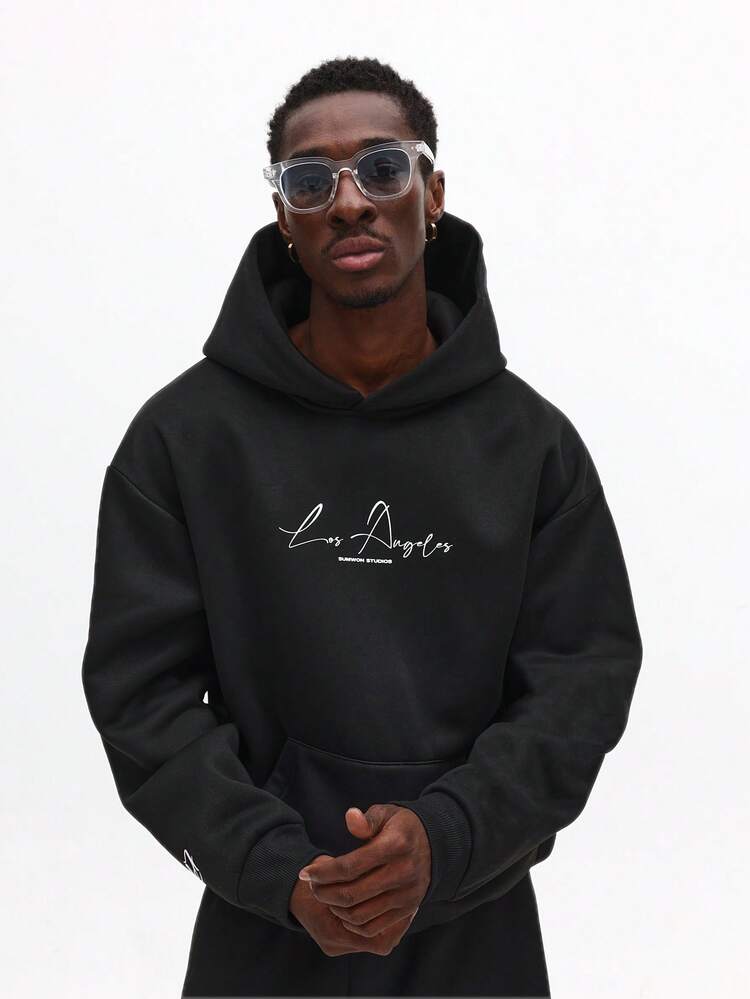 Oversized Hoodie With Cursive Script And Centre Pocket