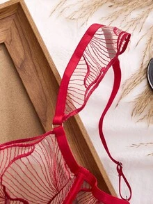 SHEIN 2 件套女士黑色透明刺绣文胸套装，无钢圈无衬垫内衣套装 - 酒紅色 - 查看 7
