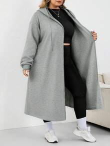 SHEIN CURVE+ 加大码女式长款连帽夹克外套，适合秋冬季女装，冬季，CURVE PLUS - 淺灰色 - 查看 7