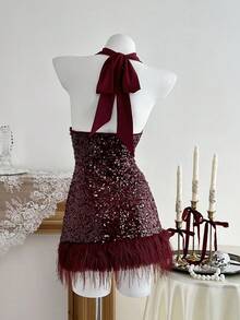 Elamini Women's Red Sequin & Feather Patchwork Halter Mini Dress, Suitable For Party And Holiday Events  Autumn/Winter Fashion. Perfect Red Dress For Holiday. - Burgundy - View 3