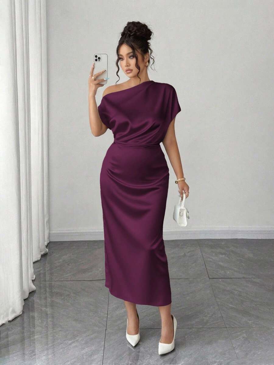 SHEIN PETITE 女式缎面不对称荷叶边领不对称肩部修身腰部 A 字连衣裙，夏季 - 紫色 - 查看 1