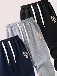 SHEIN Casuvi Kids 3件套男童休闲宽松抽绳腰罗纹下摆直筒印花运动裤