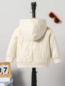 SHEIN 男婴字母拼接细节泰迪绒内衬毛绒全拉链连帽冬季保暖外套，带口袋，适合6个月至3岁宝宝，户外、日常穿着、旅行皆宜。 - 杏色 - 查看 3