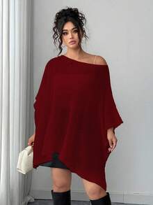 Elenzga Plus Size Women Asymmetric Hem Batwing Sleeve Loose Sweater - Burgundy - View 3
