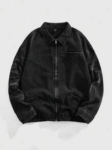 ROMWE MEN Men's Gothic Pattern Long Sleeve Zip-Up Casual Denim Jacket, Autumn - Black - View 6