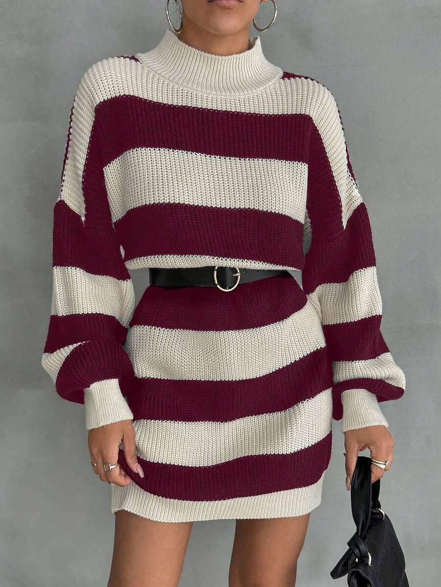 EURMUSE Women Drop Shoulder Sweater Dress With Striped Pattern - Burgundy - View 1