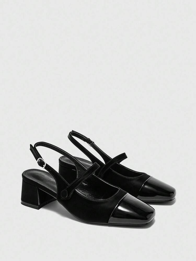 CUCCOO BIZCHIC Women's Square Toe Chunky Heel Black Backstrap Fashion All-Match Minimalist Versatile Commute Work Shoes, Ladies High Heel Mules For Christmas Spring Shoes