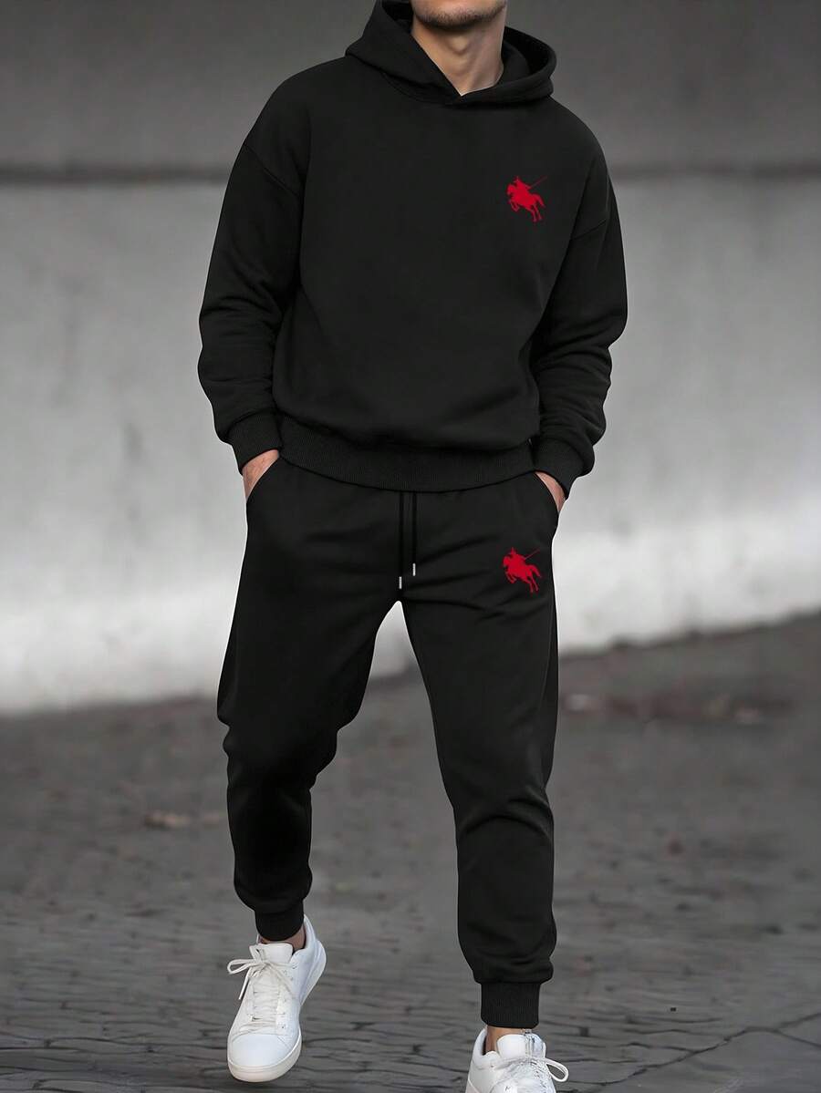 Manfinity Homme 男士两件套保暖休闲马印花卫衣和运动裤套装,秋冬男装衬衫,送给男朋友的礼物,秋季男装,秋季穿搭,舒适秋冬款式 - 黑色 - 查看 1