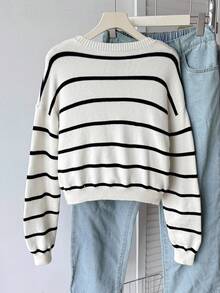 Teen Girl Retro Striped Loose Fit Crew Neck Sweater, Suitable For Home, Outing, Party, Back To School Fall Winter