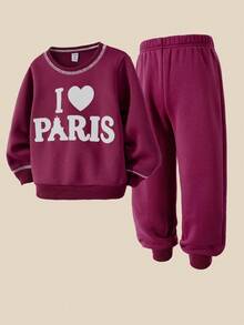 SHEIN Casuvi Kid Young Boy2-Piece Set: Fleece Crew Neck Sweatshirt + Jogger Pants, English Graphic Print, Suitable For Casual, Holiday, Sports In Autumn/Winter Fall - Burgundy - View 5