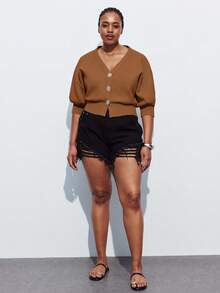 Maija Plus Size Women V-Neck Drop Shoulder Short Sleeve Casual Cropped Cardigan Knit Top, Versatile For Urban Commute, Business Casual, Elegant Outfit