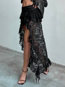 Aloruh Women's New Boho Vacation Sexy Music Festival Punk Black Lace Multilayer Ruffle Asymmetrical Asymmetric Hem Skirt