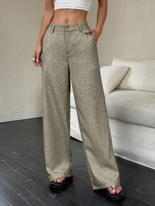 Flirla 女式简约优雅通勤高腰阔腿裤，百搭修身长裤 - 灰色 - 查看 3